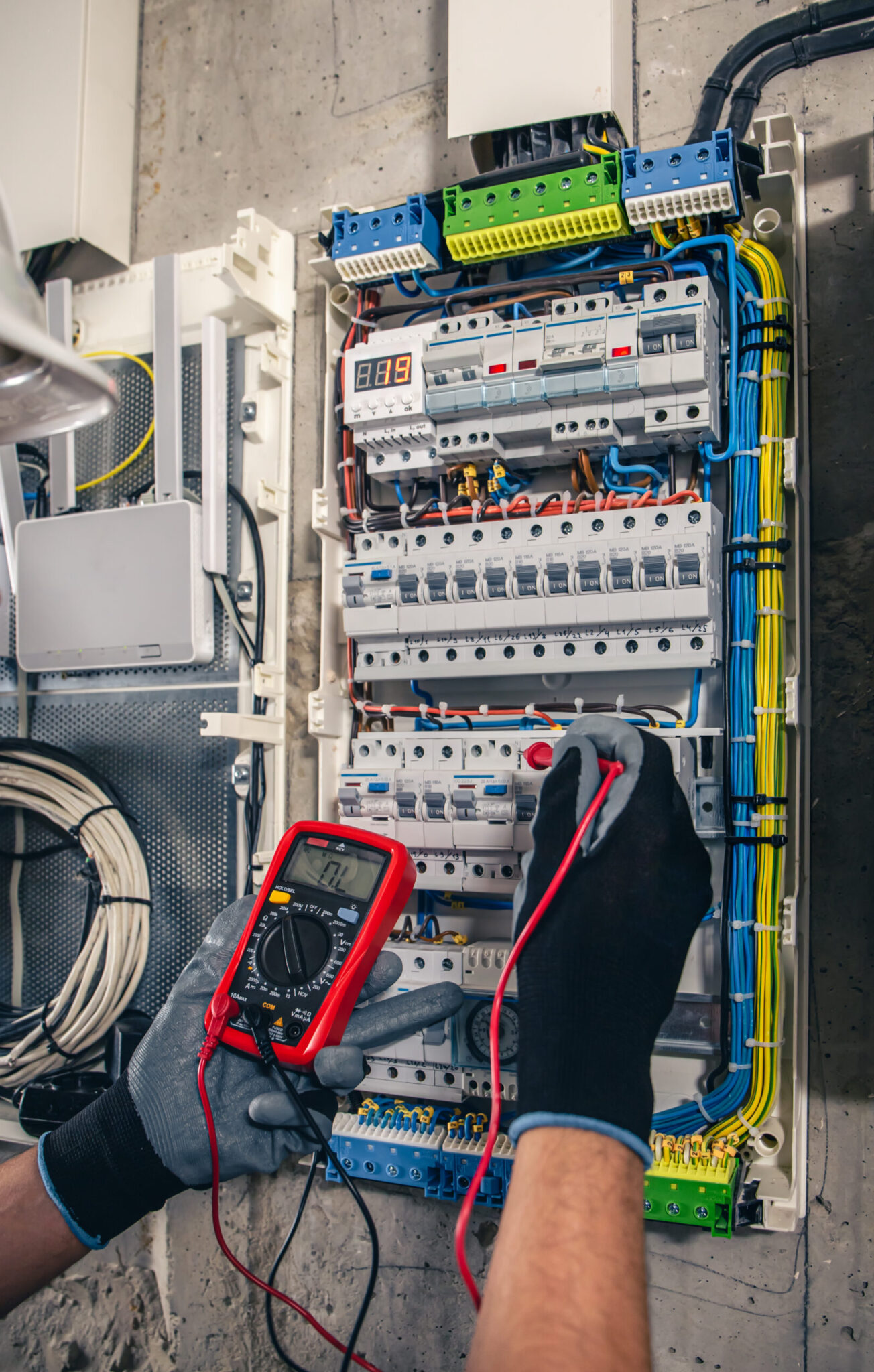 Man, an electrical technician working in a switchboard with fuses. Installation and connection of electrical equipment. Professional uses a tablet.